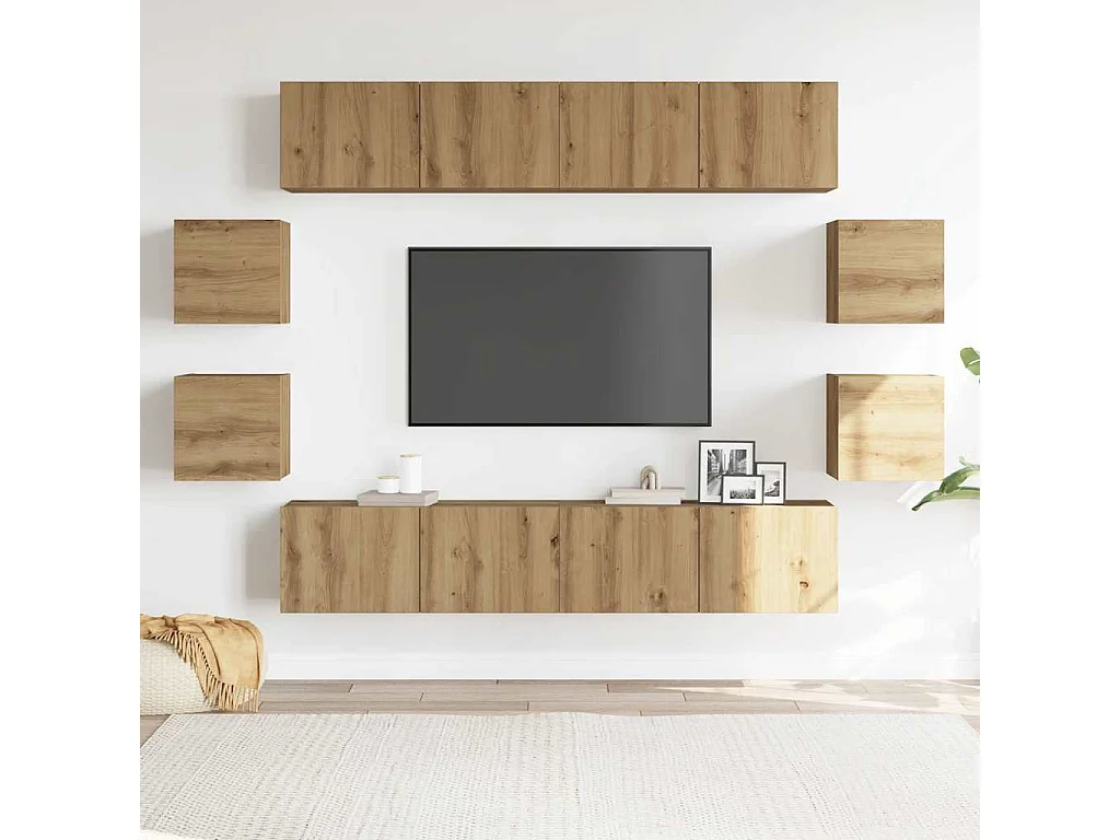 Ensemble de meuble TV mural 8 pièces chêne artisanal