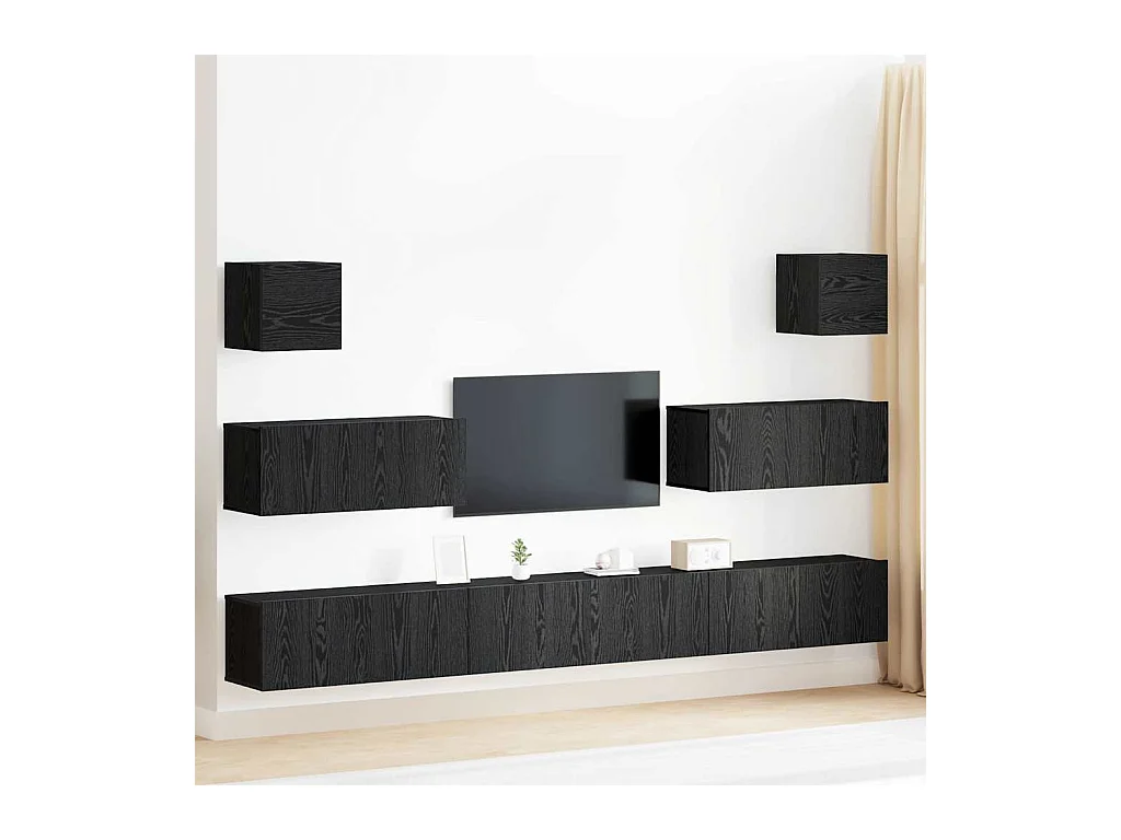 Ensemble de meuble TV de 7 pièces - À fixer au mur, Chêne noir, Bois agencé