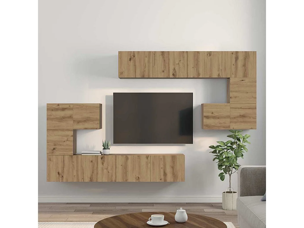 Ensemble meuble TV Montage mural 8 pièces chêne artisanal