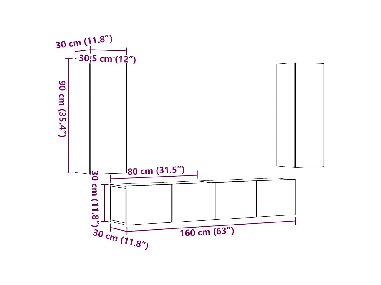 Meubles TV muraux 4 pièces chêne artisanal bois d'ingénierie