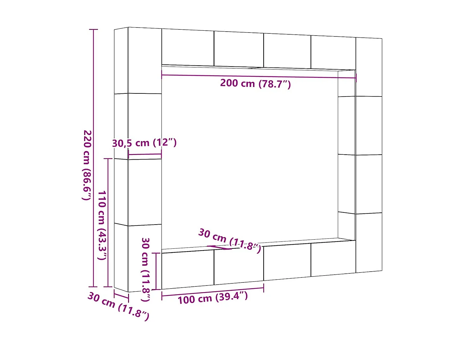 Conjunto de mueble de TV 8 piezas montado la pared madera vieja