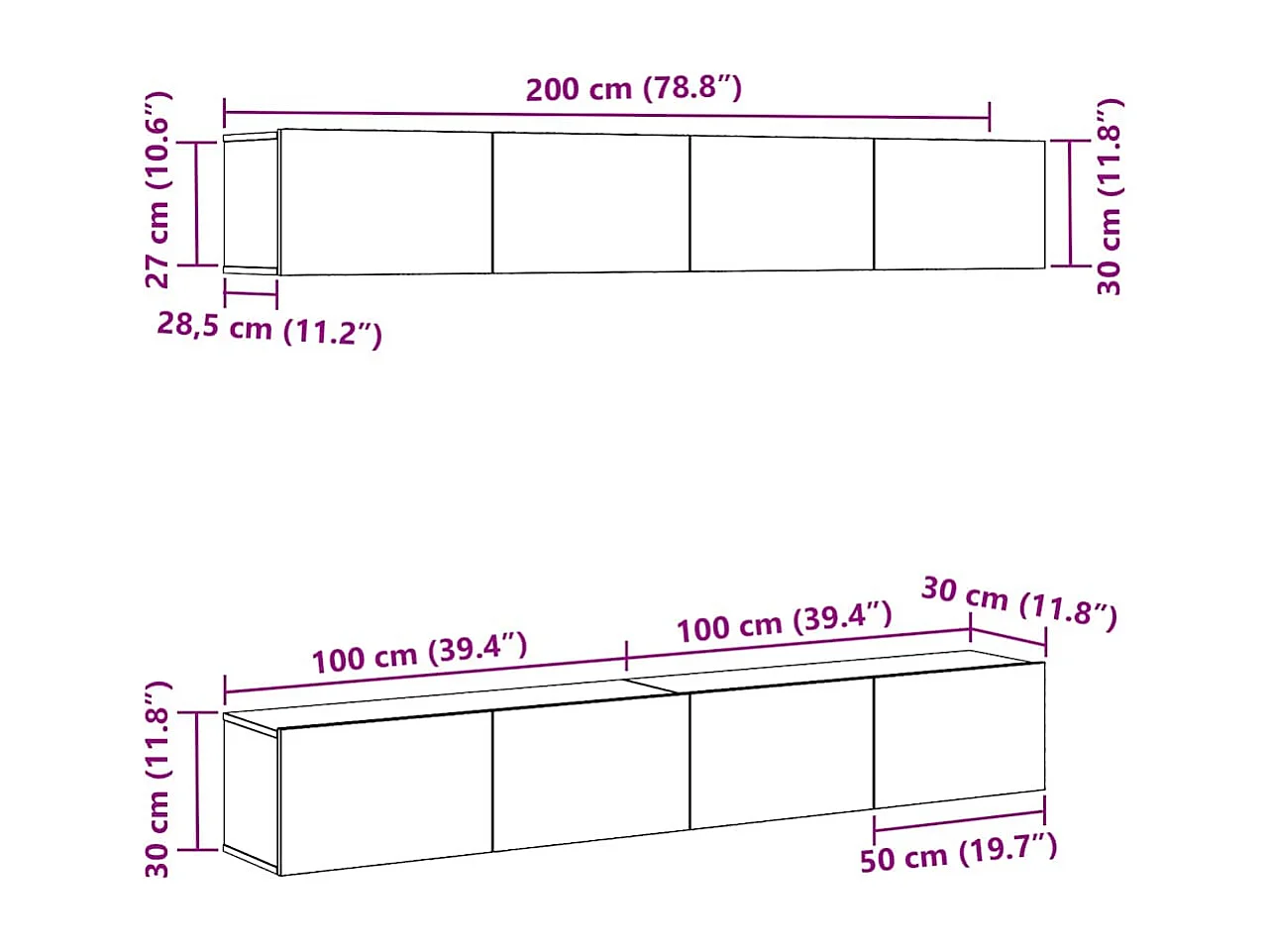 Ensemble meuble TV 4 pièces Chêne noir 100 x 30 x 30 cm