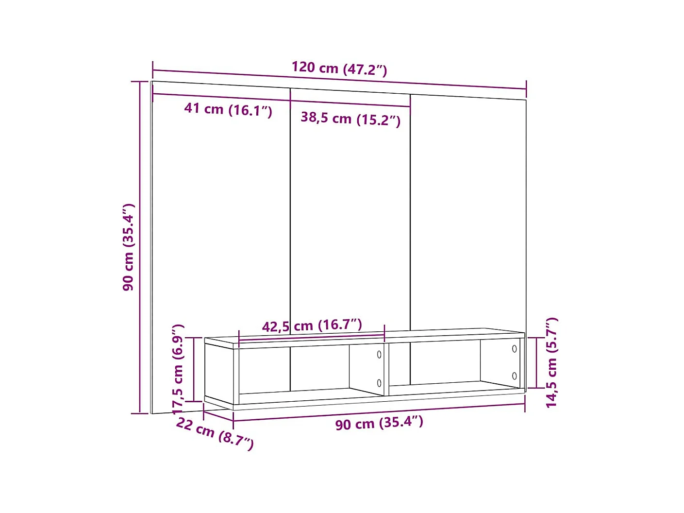 Meuble TV mural Bois ancien 120 x 23.5 x 90 cm