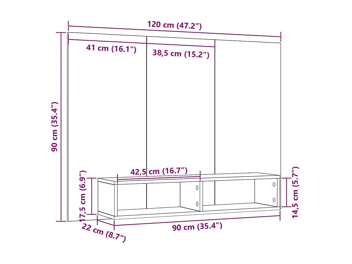 Meuble TV mural Bois ancien 120 x 23.5 x 90 cm