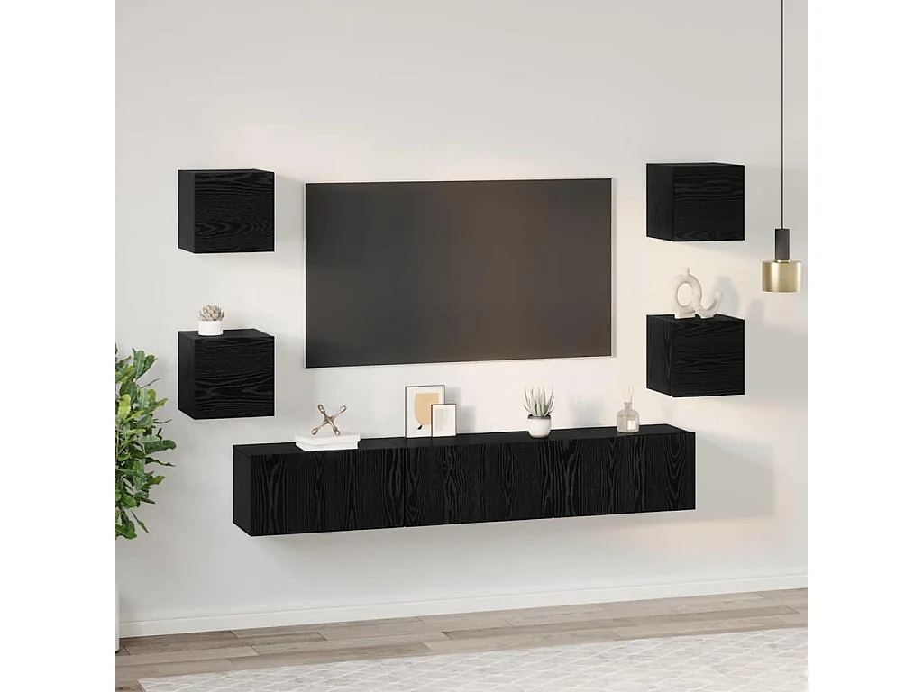 Conjunto de mueble de TV Montaje en la pared 7 pcs Roble negro