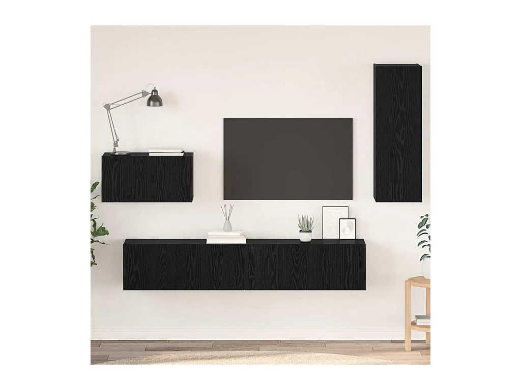 Meuble TV mural Montage mural 4 pièces Chêne noir 200 x 30 x 30 cm