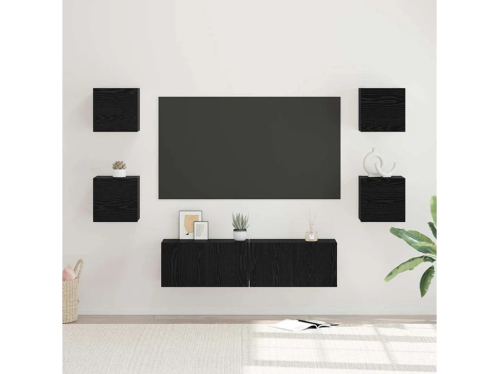 Conjunto de mueble de TV Montaje en la pared 6 pcs Roble negro