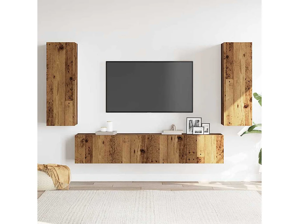 Tv-wandkasten 4 st bewerkt hout oud houtkleurig
