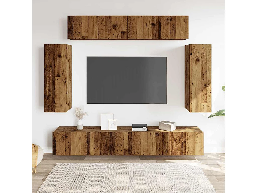 Conjunto de mueble de TV 6 piezas montado la pared madera vieja