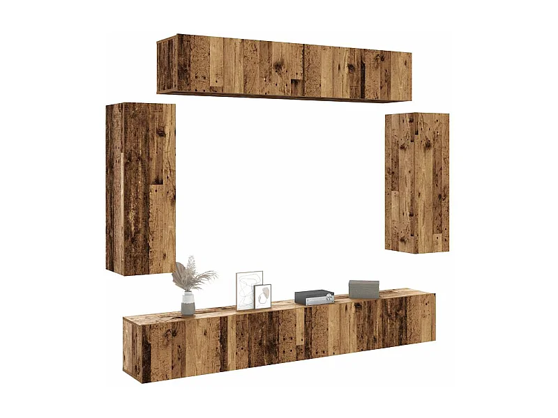 Conjunto de mueble de TV 6 piezas montado la pared madera vieja