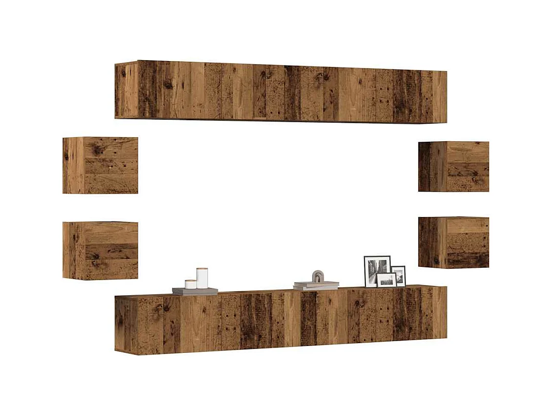 Conjunto de mueble de TV 8 piezas montado la pared madera vieja