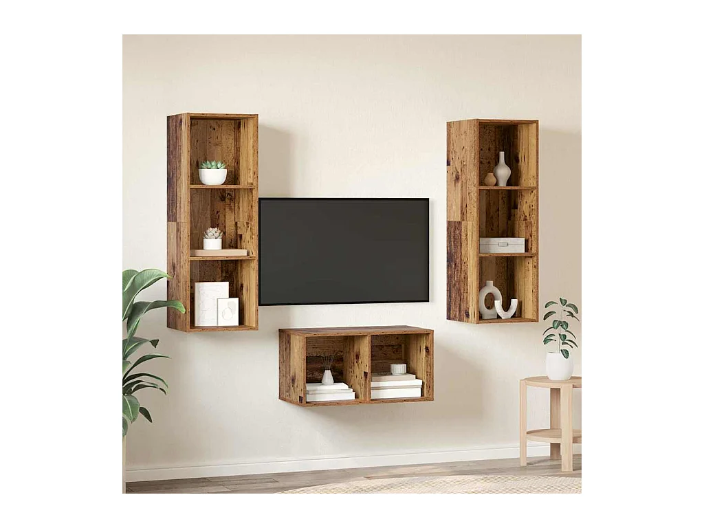 Ensemble meuble TV Montage mural Bois ancien 37 x 37 x 107 cm