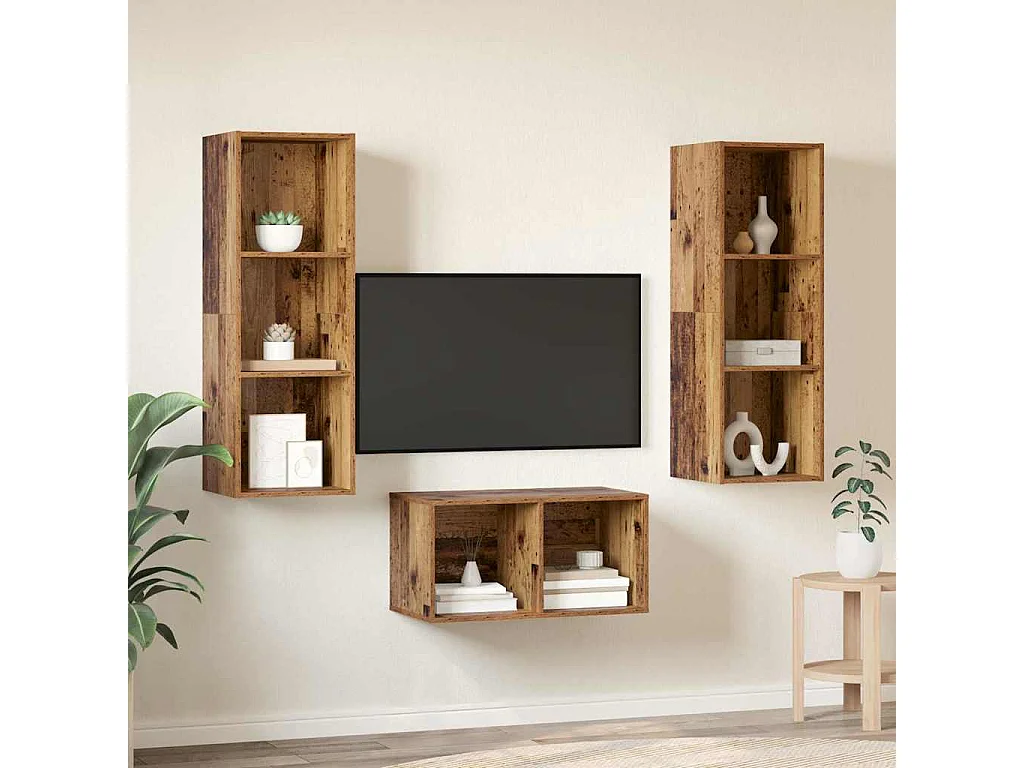 Ensemble meuble TV Montage mural Bois ancien 37 x 37 x 107 cm