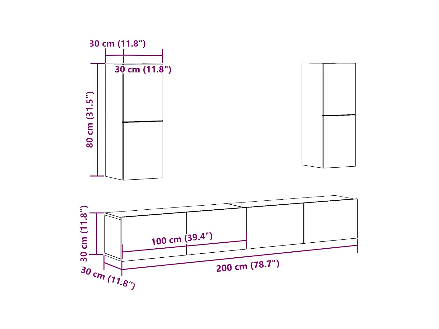 Ensemble de meuble TV mural 4 pièces chêne artisanal