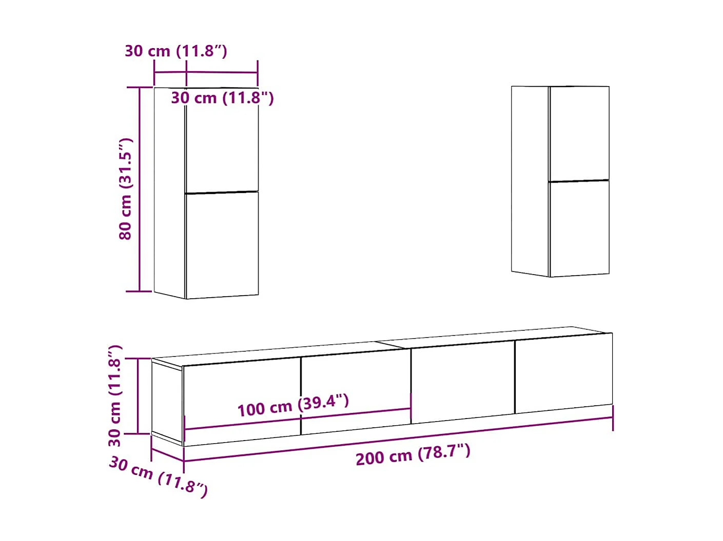 Ensemble de meuble TV mural 4 pièces chêne artisanal