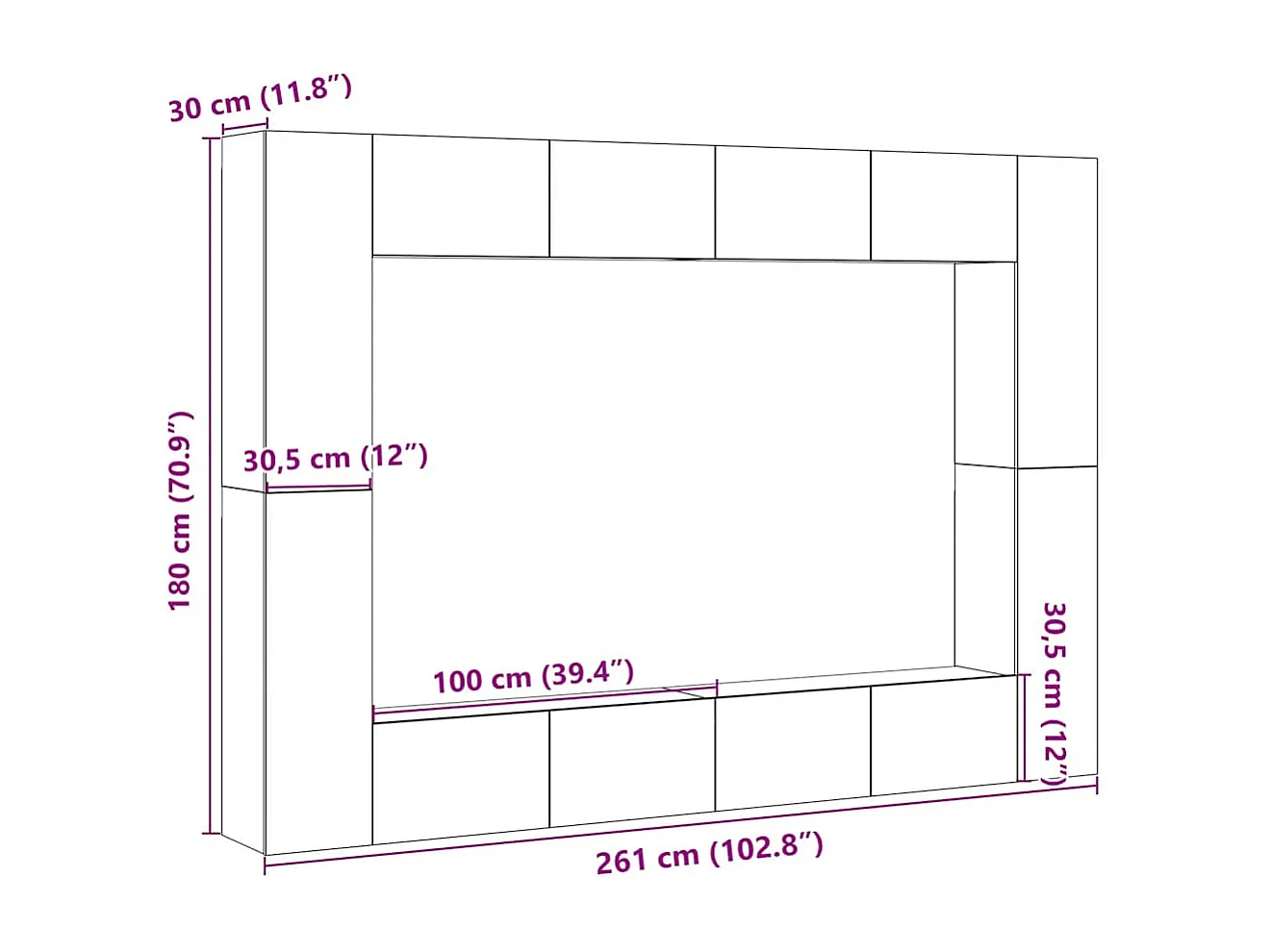 Conjunto de mueble de TV 8 piezas montado la pared madera vieja