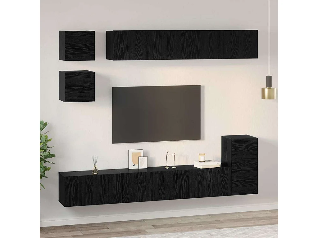Conjunto de mueble de TV 8 pcs Roble Negro Madera contrachapada