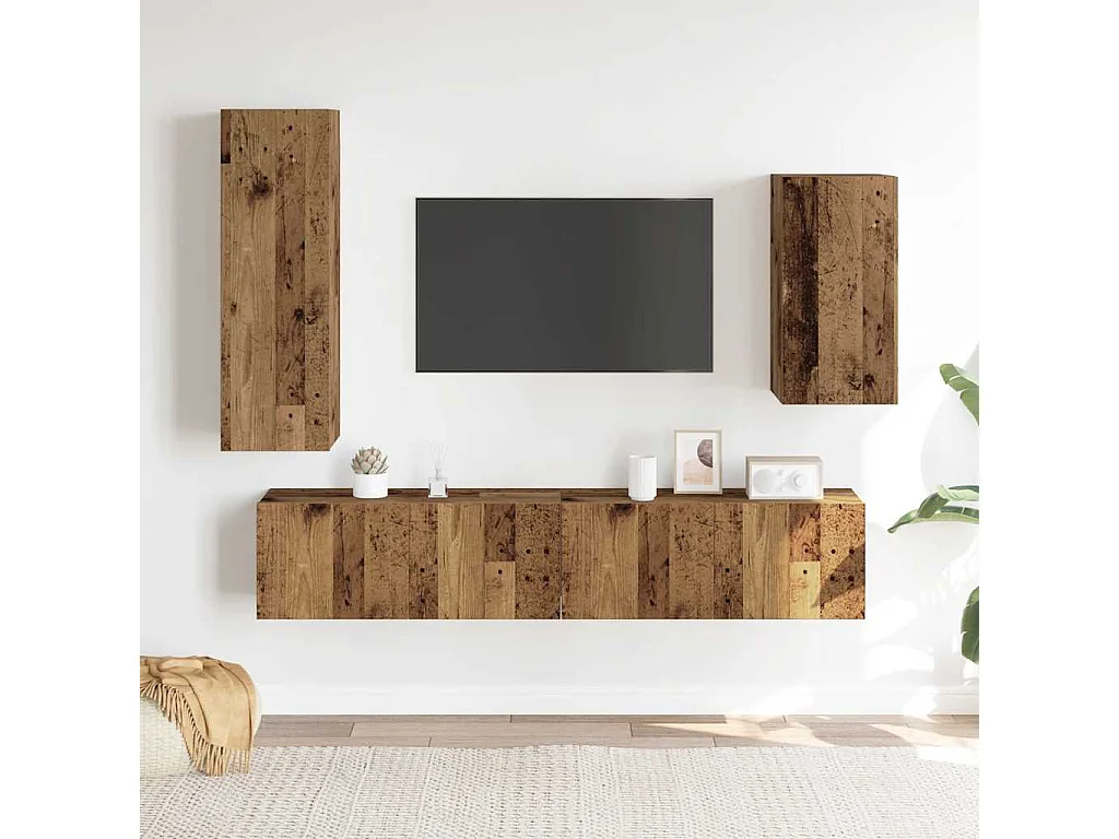 Ensemble de meuble TV mural 4 pièces vieux bois bois d'ingénierie