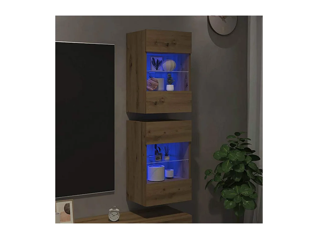 Meubles muraux avec lumières LED pour TV 2 pièces chêne artisanal