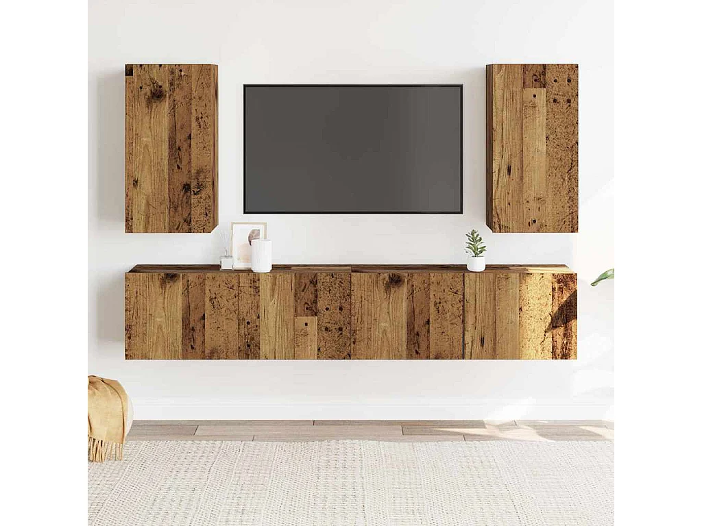 Tv-wandkasten 4 st bewerkt hout oud houtkleurig