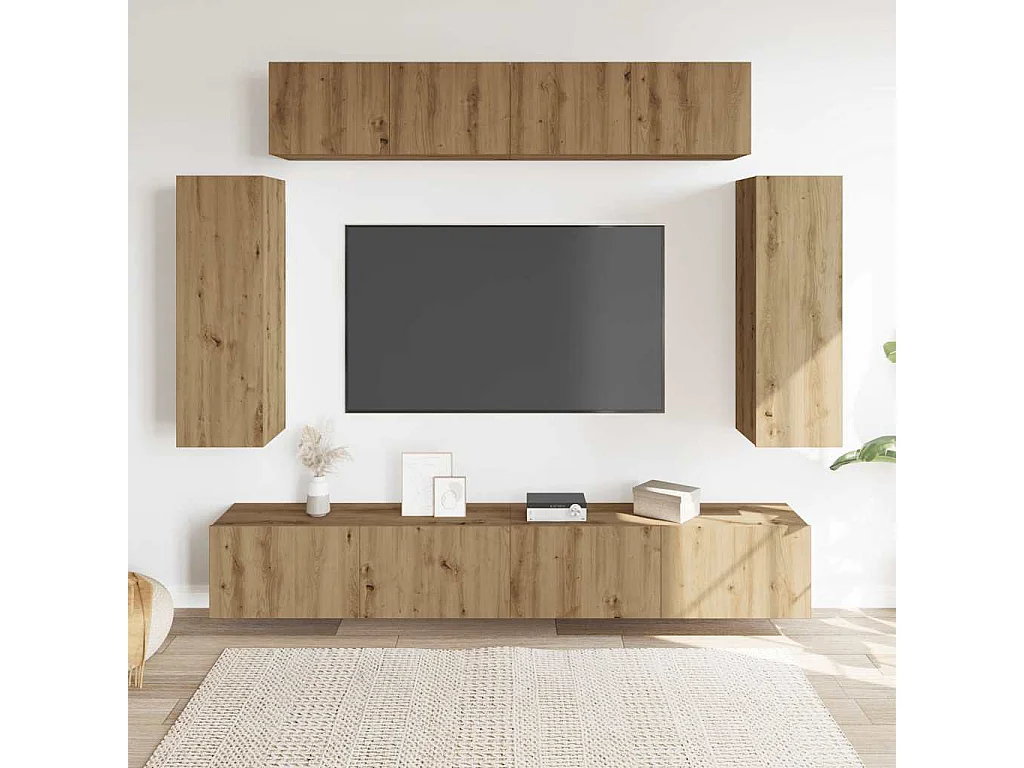 6-delig Tv-meubelset wandmontage bewerkt hout artisanaal eiken