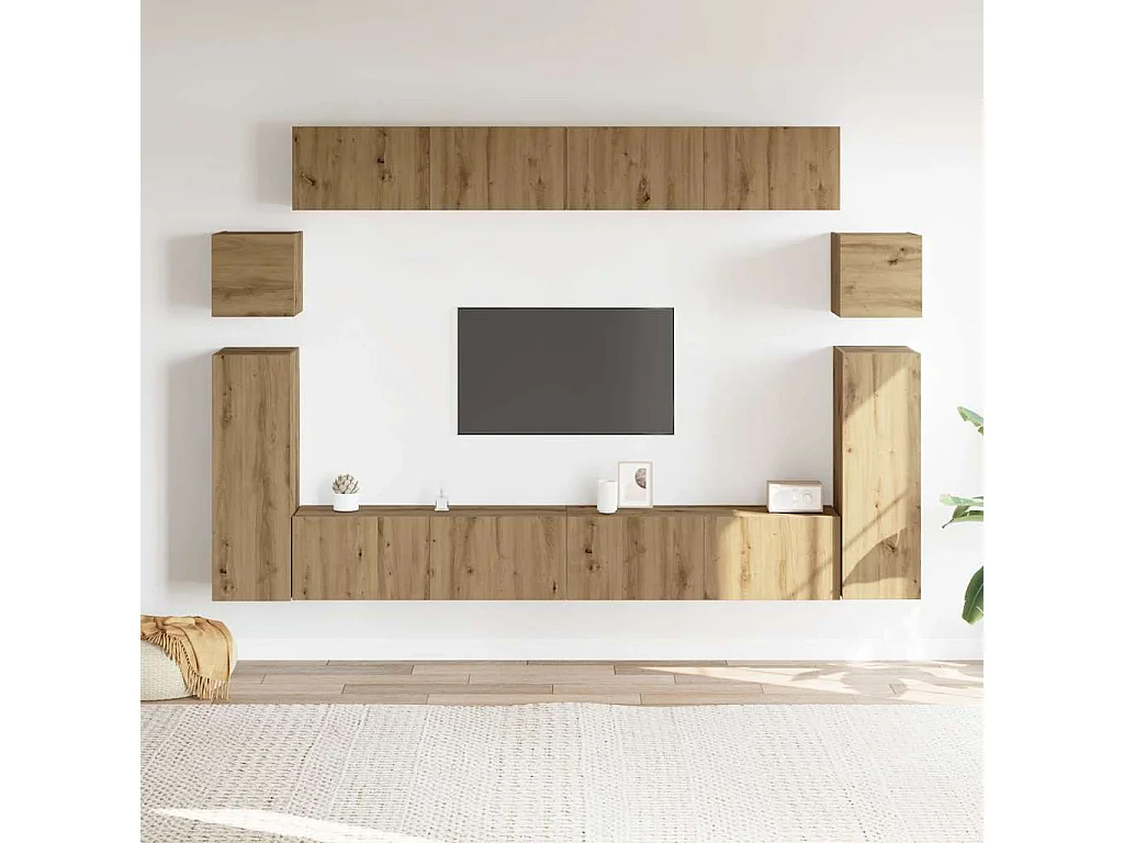 Ensemble de meuble TV mural 8 pièces chêne artisanal