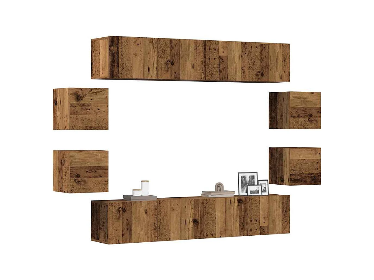 Conjunto de mueble de TV 8 piezas montado la pared madera vieja