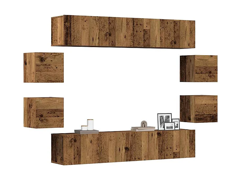 8-delig Tv-meubelset wandmontage bewerkt hout oud houtkleurig
