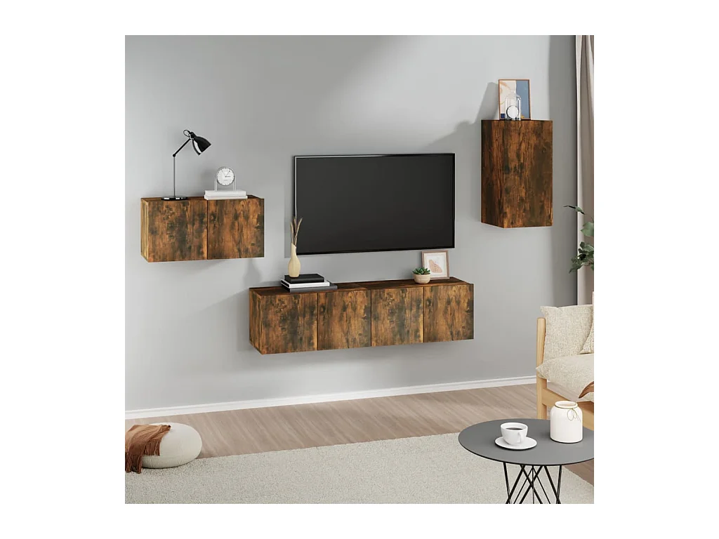Set de muebles de TV 4 pzas madera contrachapada roble ahumado