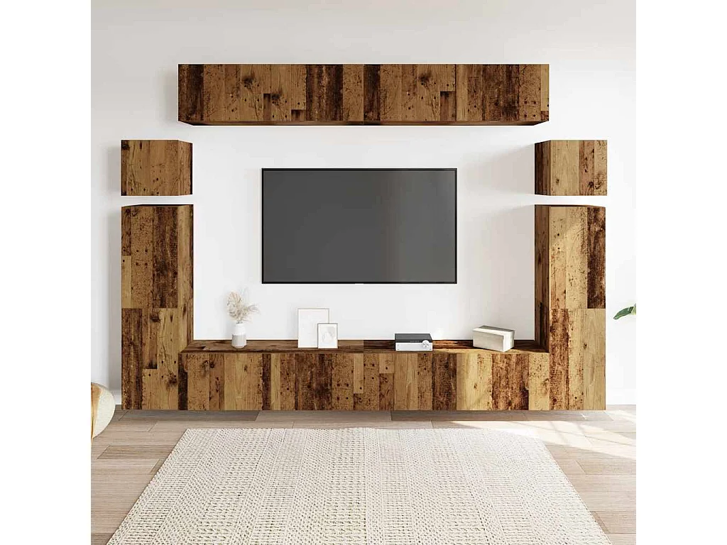Conjunto de mueble de TV 8 piezas montado la pared madera vieja