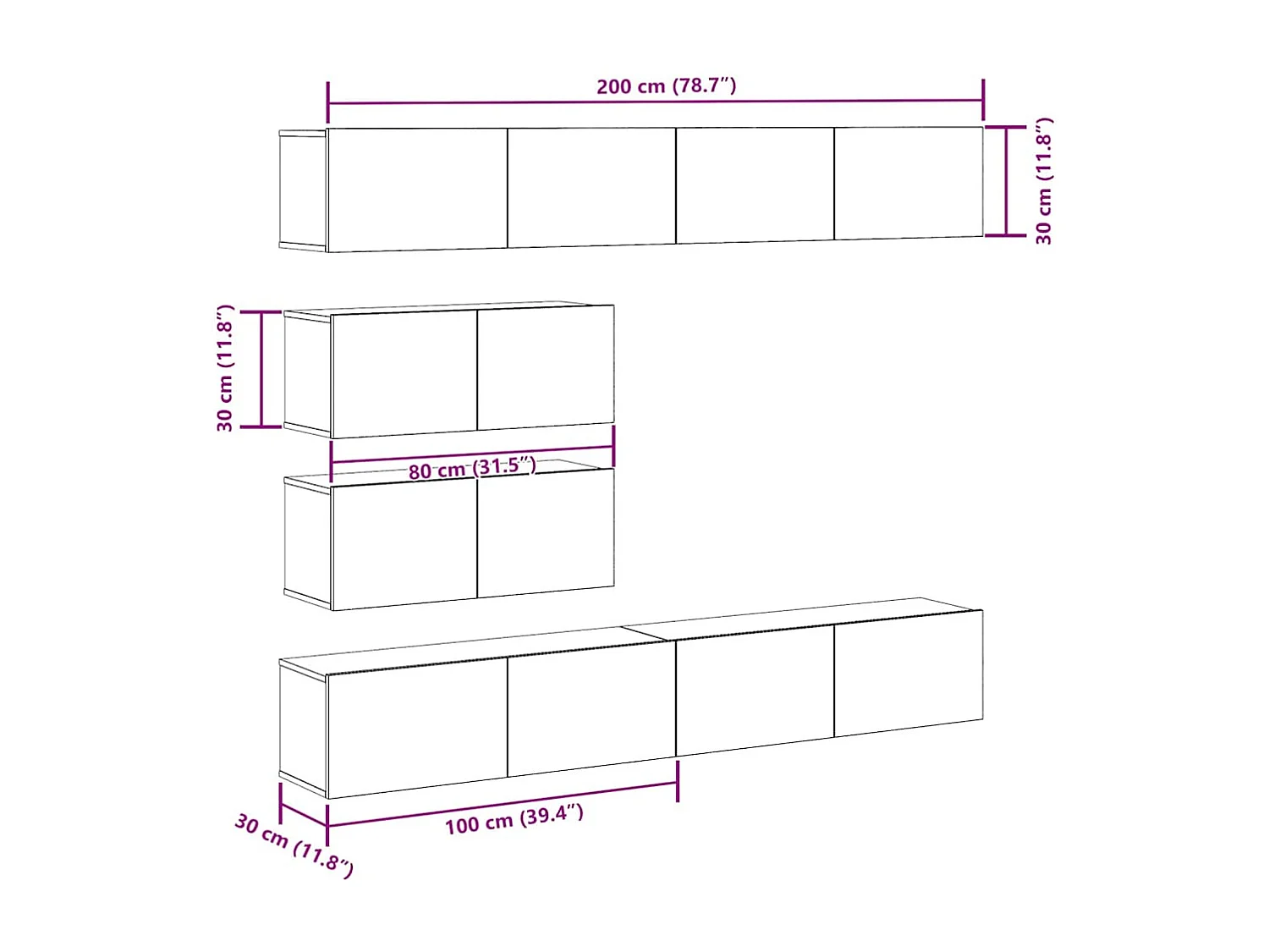 Conjunto de armário TV de parede 6 peças madeira madeira velha