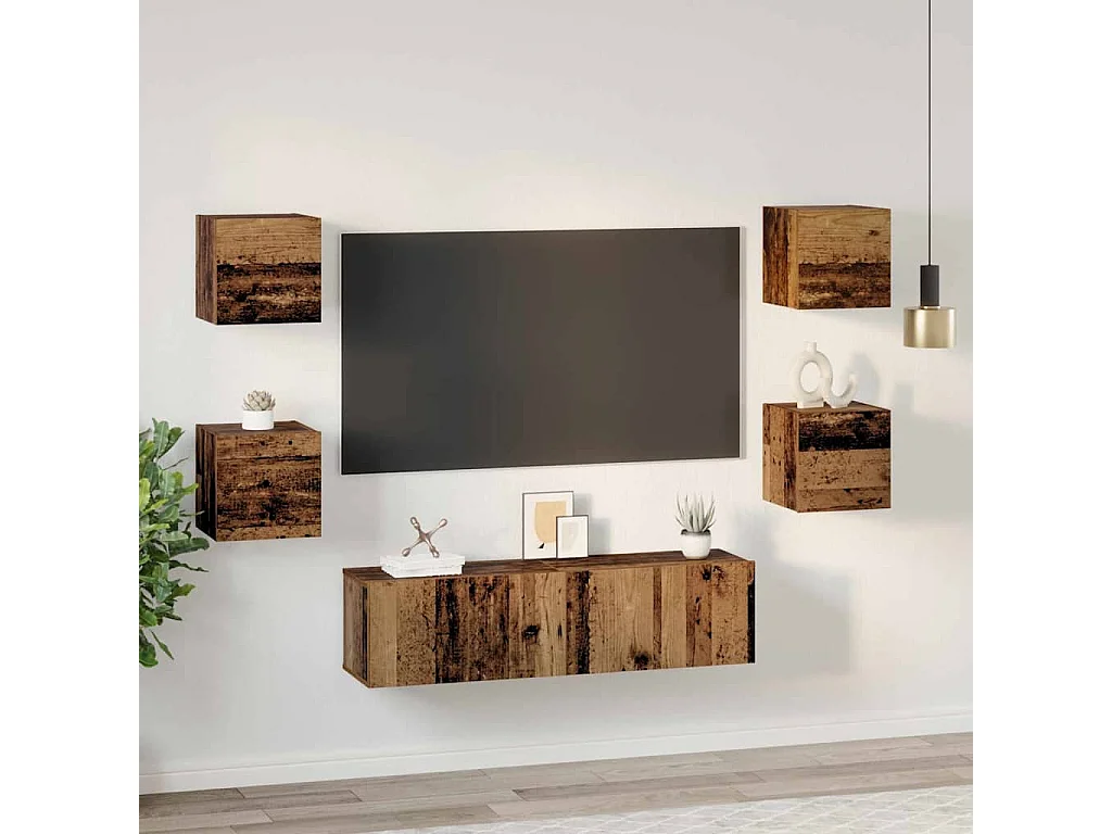 Conjunto de móvel de TV Montado na parede 6 peças Madeira antiga