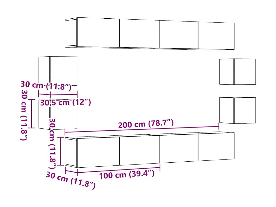 Mueble para TV de pared madera contrachapada artesanal 8 piezas
