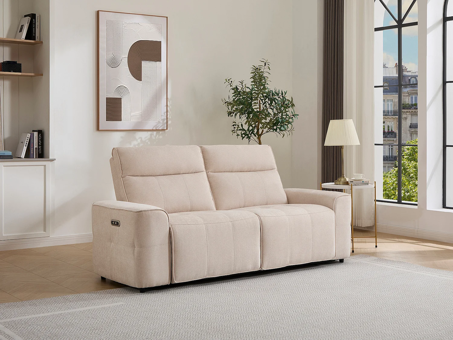Canapé 3 places relax électrique en tissu chenille beige SCAMOCO