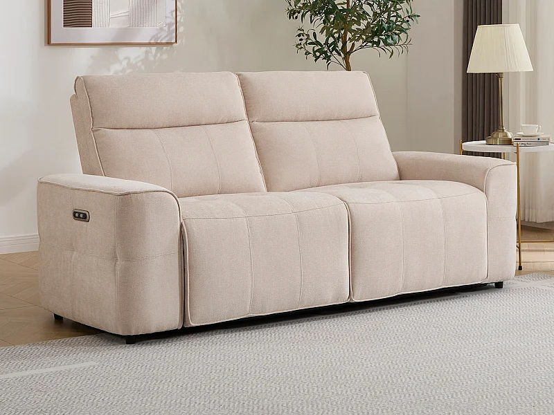 Canapé 3 places relax électrique en tissu chenille beige SCAMOCO