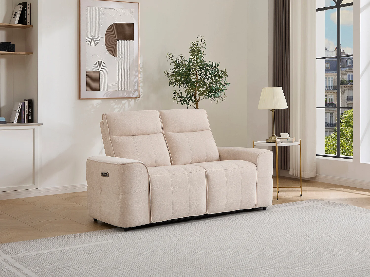 Canapé 2 places relax électrique en tissu chenille beige SCAMOCO