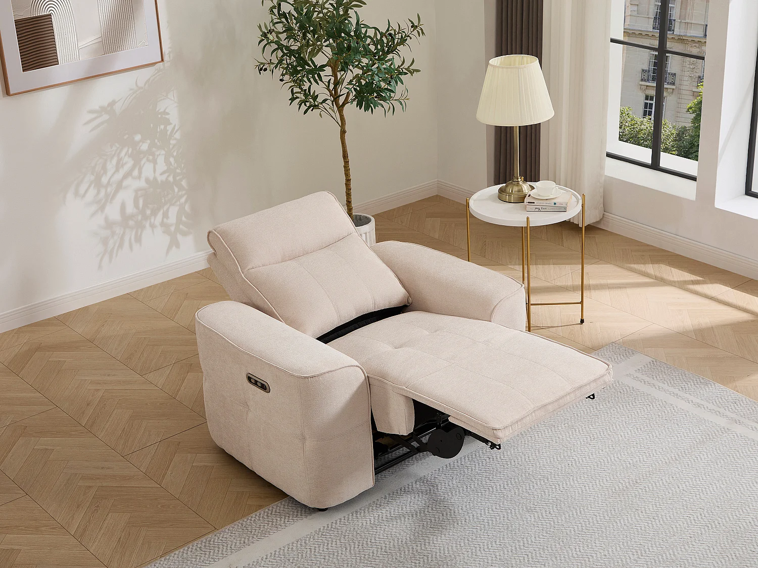 Fauteuil relax électrique en tissu chenille beige SCAMOCO
