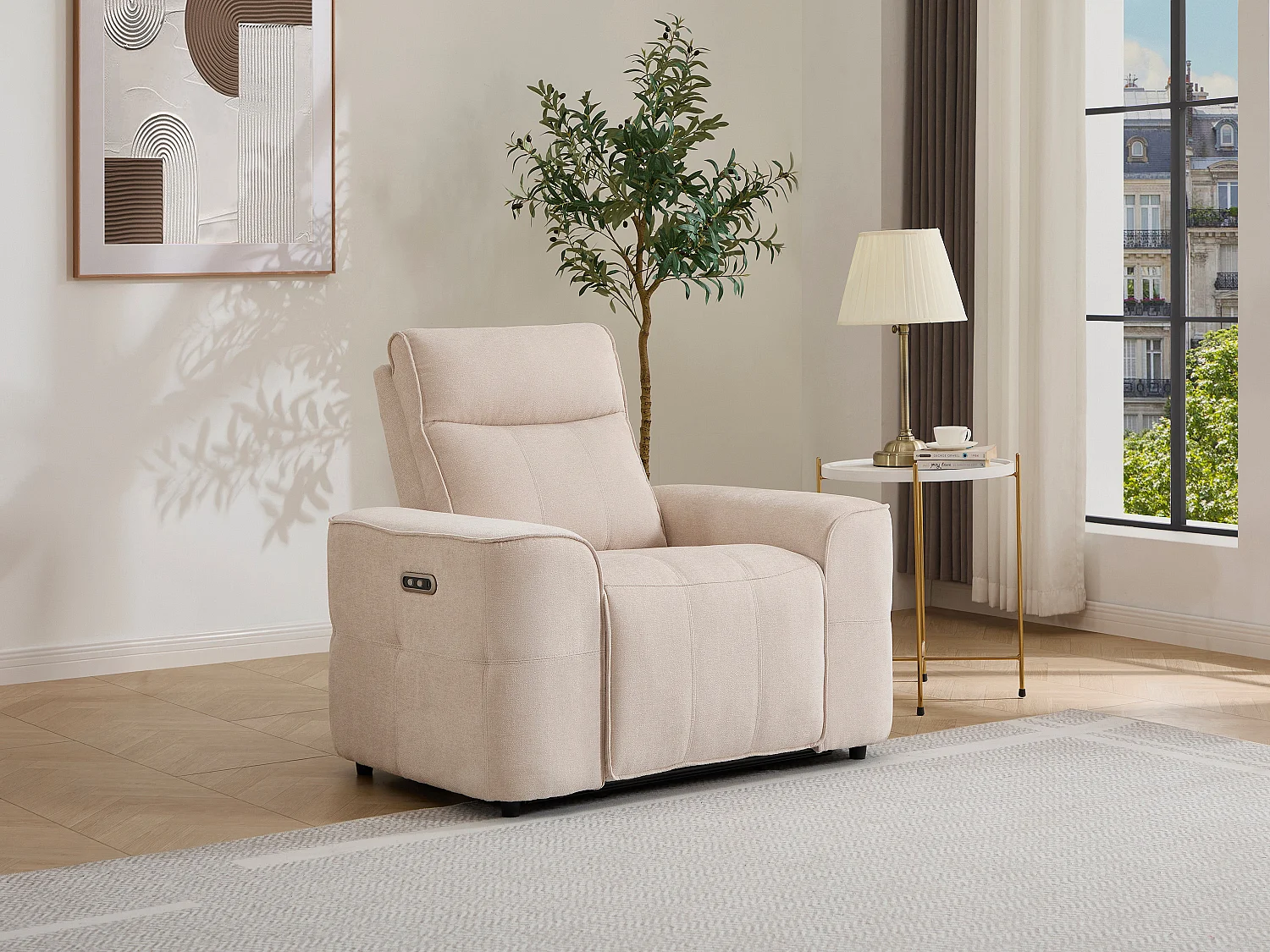 Fauteuil relax électrique en tissu chenille beige SCAMOCO