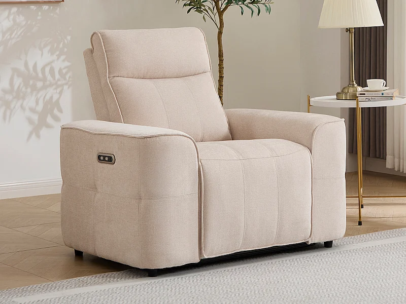 Fauteuil relax électrique en tissu chenille beige SCAMOCO