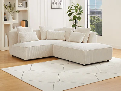 Ecksofa mit Ottomane rechts aus beigem Cord MECODI