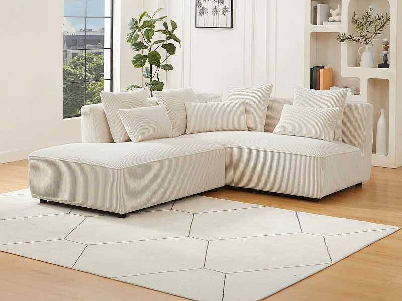 Canapé d'angle gauche en velours côtelé beige MECODI
