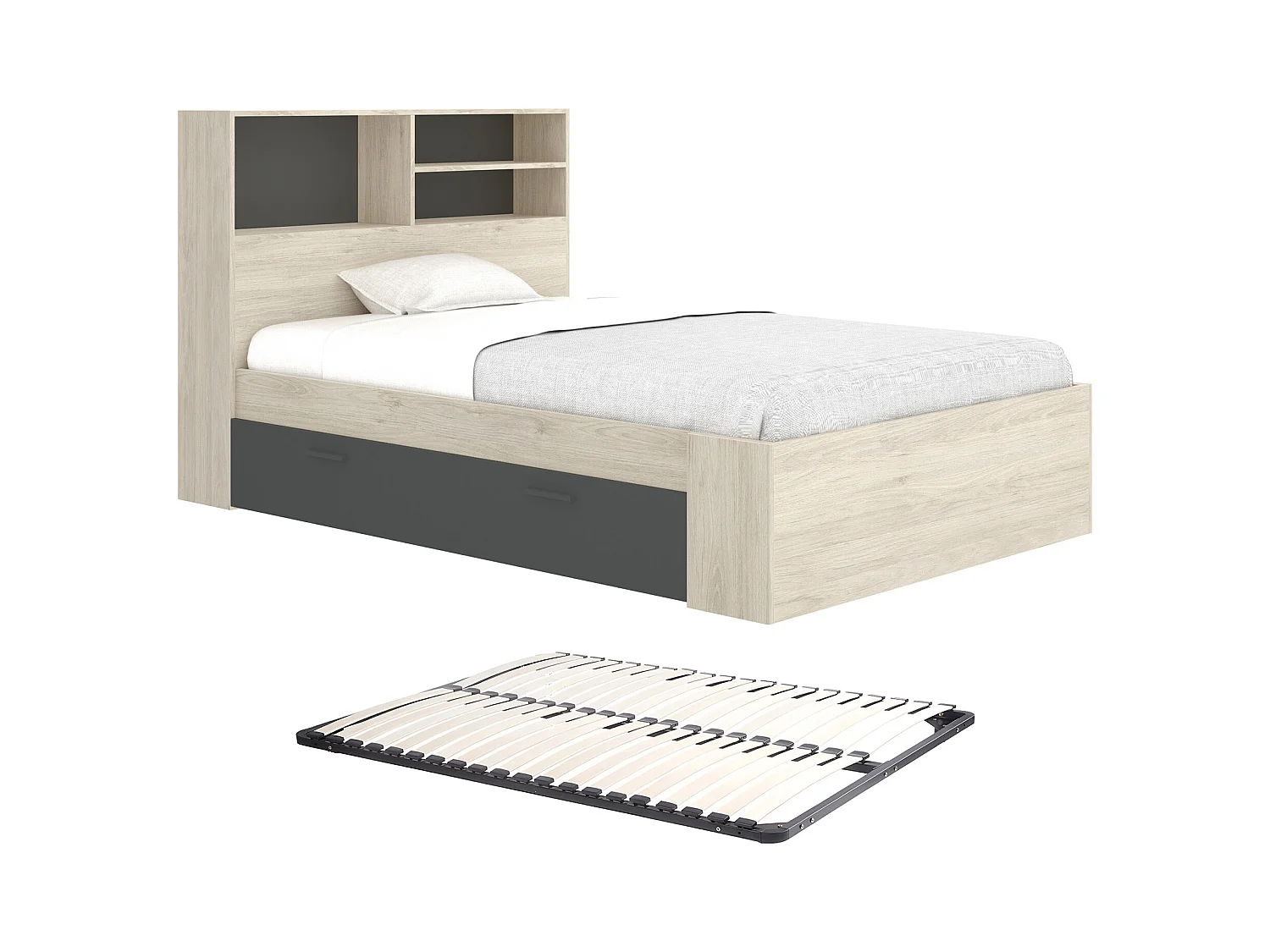 Säng 120 x 190 cm med förvaring - Färg: Natur och antracit + Ribbotten - VARDIEL