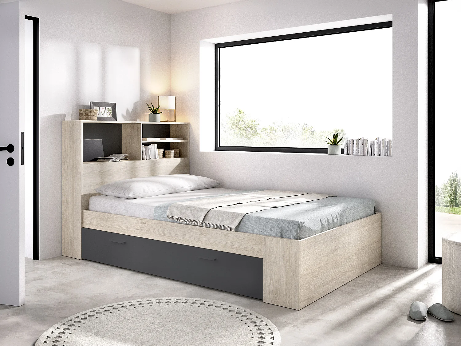 Lit 120 x 190 cm avec rangements - Coloris : Naturel et anthracite + Sommier - VARDIEL