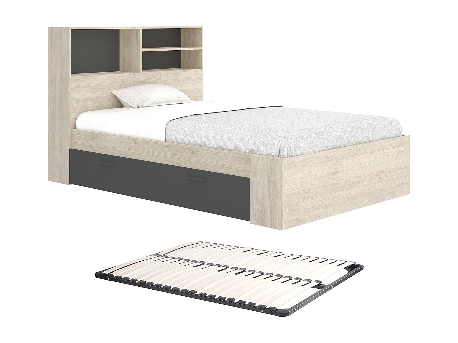 Bett 120 x 190 cm mit Stauraum - Natur & Anthrazit + Lattenrost - VARDIEL günstig online kaufen