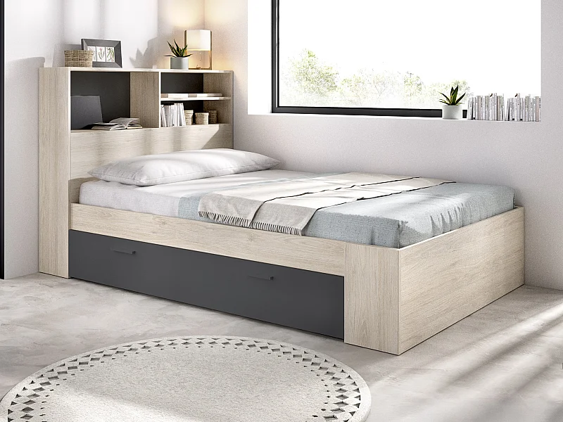 Seng 120 x 190 cm med oppbevaring - Farge: Natur og antrasitt + Sengebunn - VARDIEL