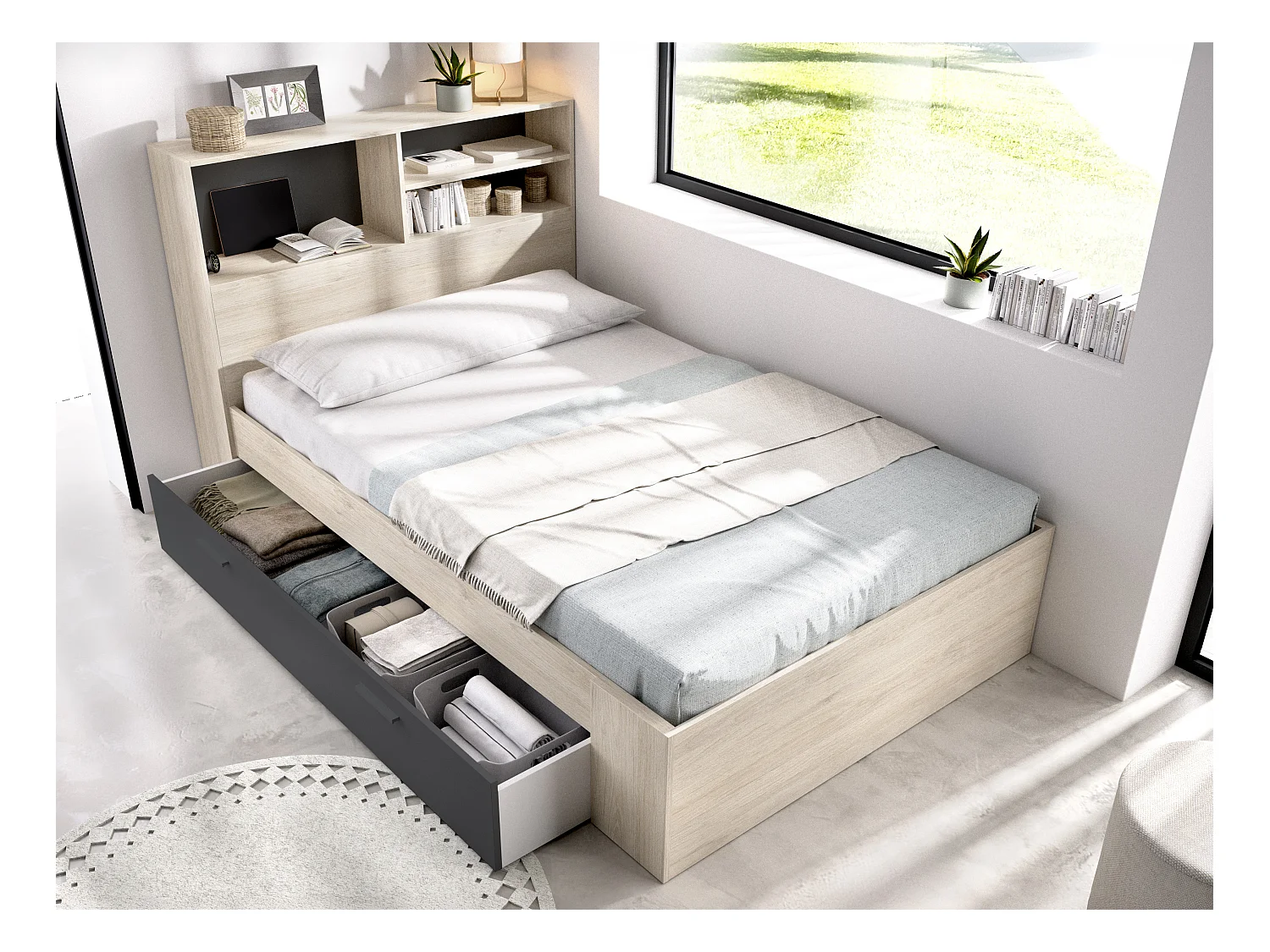 Lit 120 x 190 cm avec rangements - Coloris : Naturel et anthracite + Sommier + Matelas - VARDIEL
