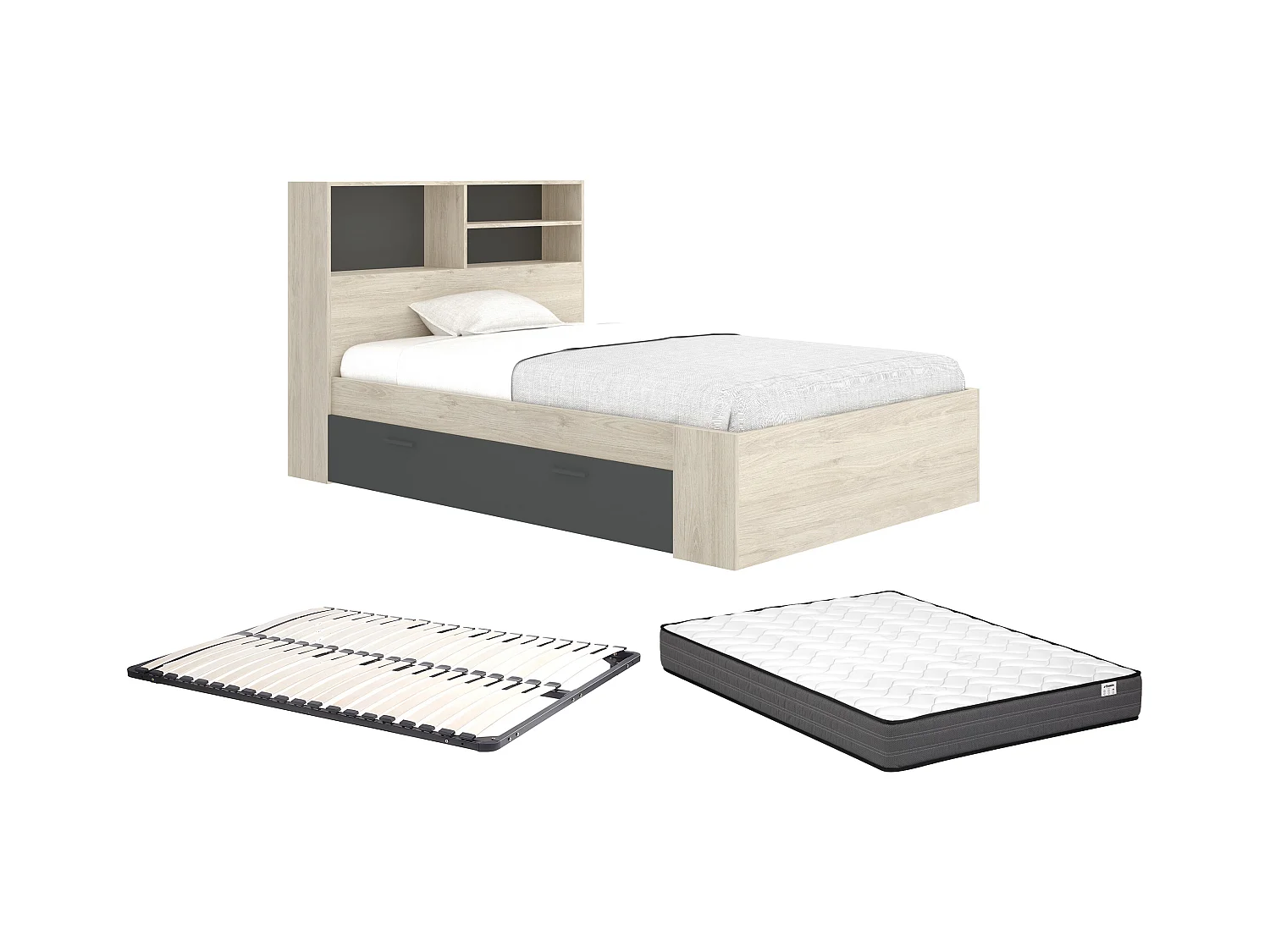 Lit 120 x 190 cm avec rangements - Coloris : Naturel et anthracite + Sommier + Matelas - VARDIEL