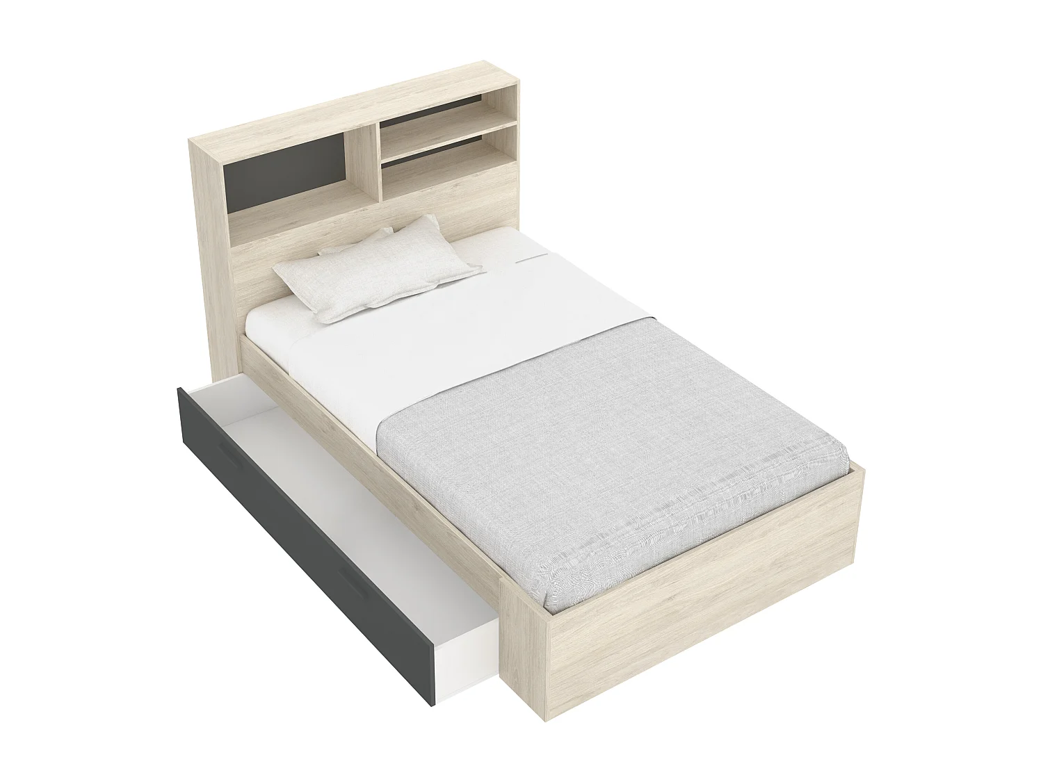 Seng 120 x 190 cm med opbevaring - Farve: Natur og antracit + Sengeramme + Madras - VARDIEL