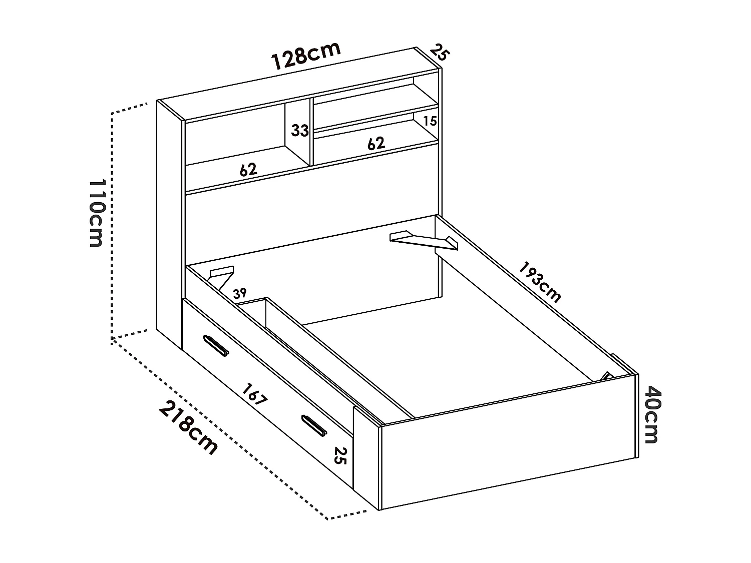Seng 120 x 190 cm med opbevaring - Farve: Natur og antracit + Sengeramme + Madras - VARDIEL