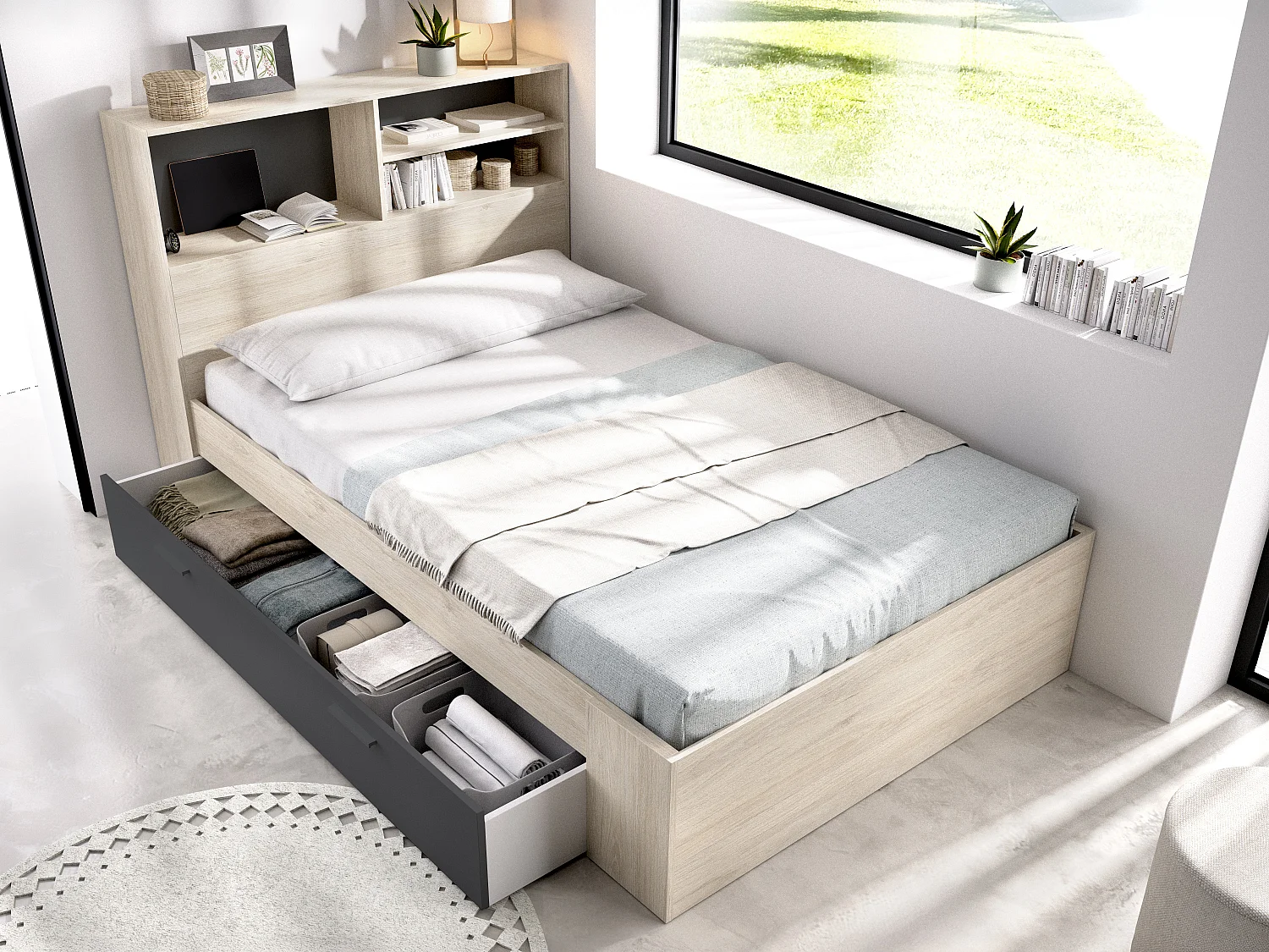 Seng 120 x 190 cm med oppbevaring - Farge: Naturlig og antrasitt + Sengebunn + Madrass - VARDIEL